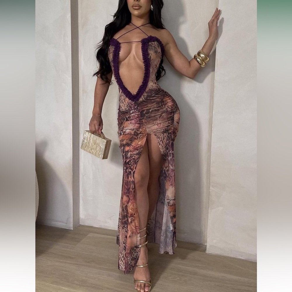Sexy Mesh Sheer Y2K Style Maxi Print Dress with Center Cut Out